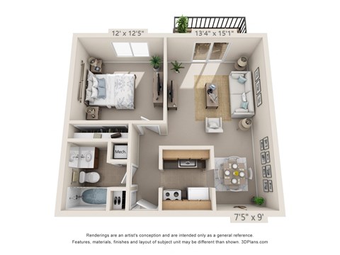 This is a 3D floor plan of a 652 square foot 1 bedroom apartment at Blue Grass Manor Apartments in Erlanger, KY.